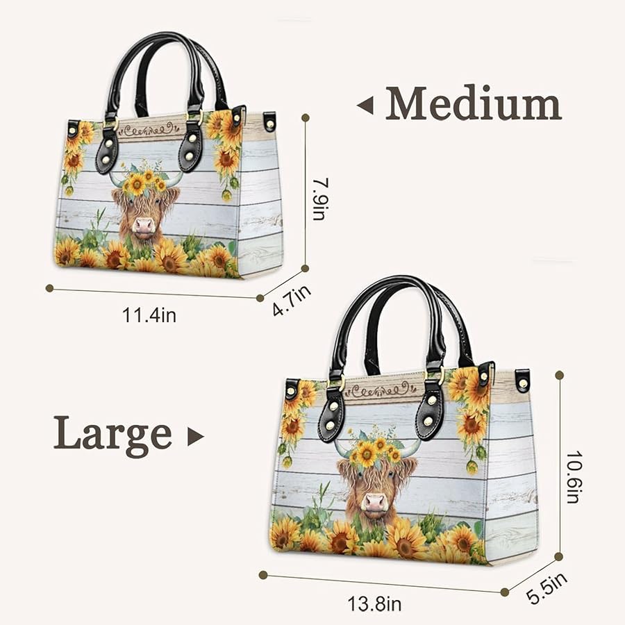 Leather Handbag for Women, Highland Cow Tote Bag, Sunflower